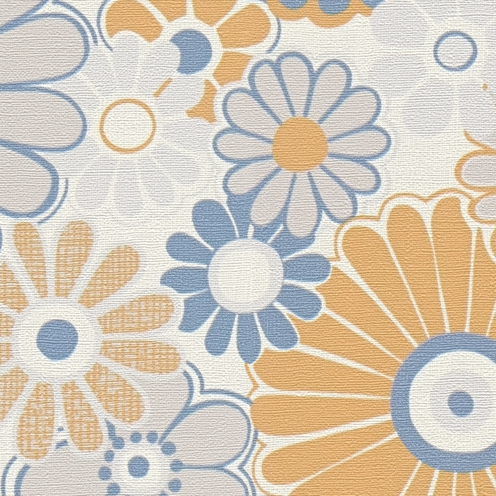             Papel pintado no tejido con motivos florales en estilo retro - azul, naranja, gris
        