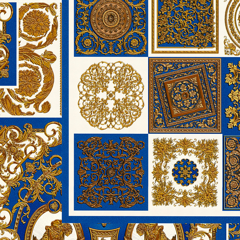            VERSACE Home Papier peint Détails baroques & Animal Print - or, bleu, blanc
        