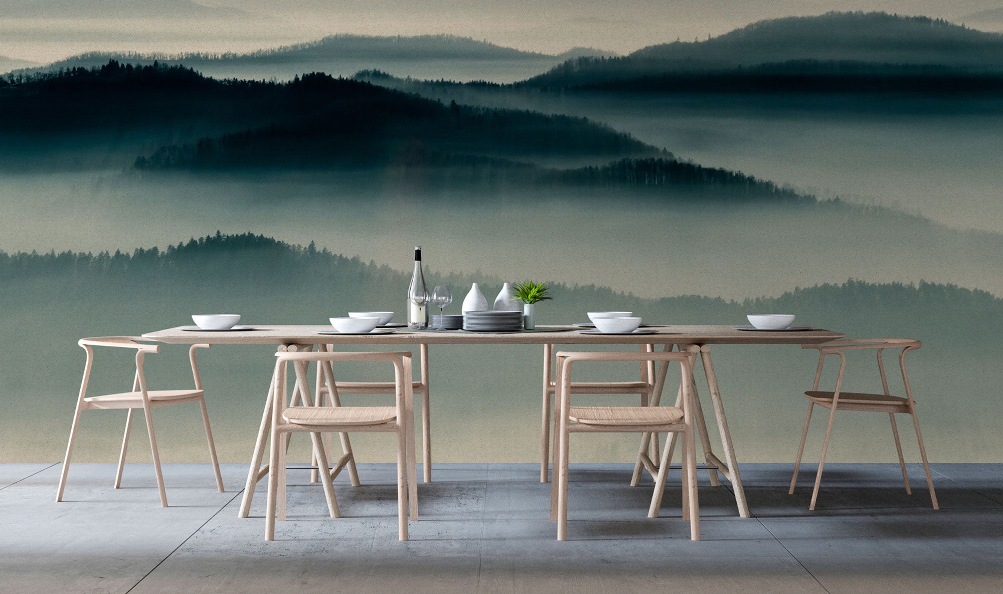 Horizon 1 - Photo wallpaper with fog landscape, nature sky line in cardboard structure - beige, blue | premium smooth fleece