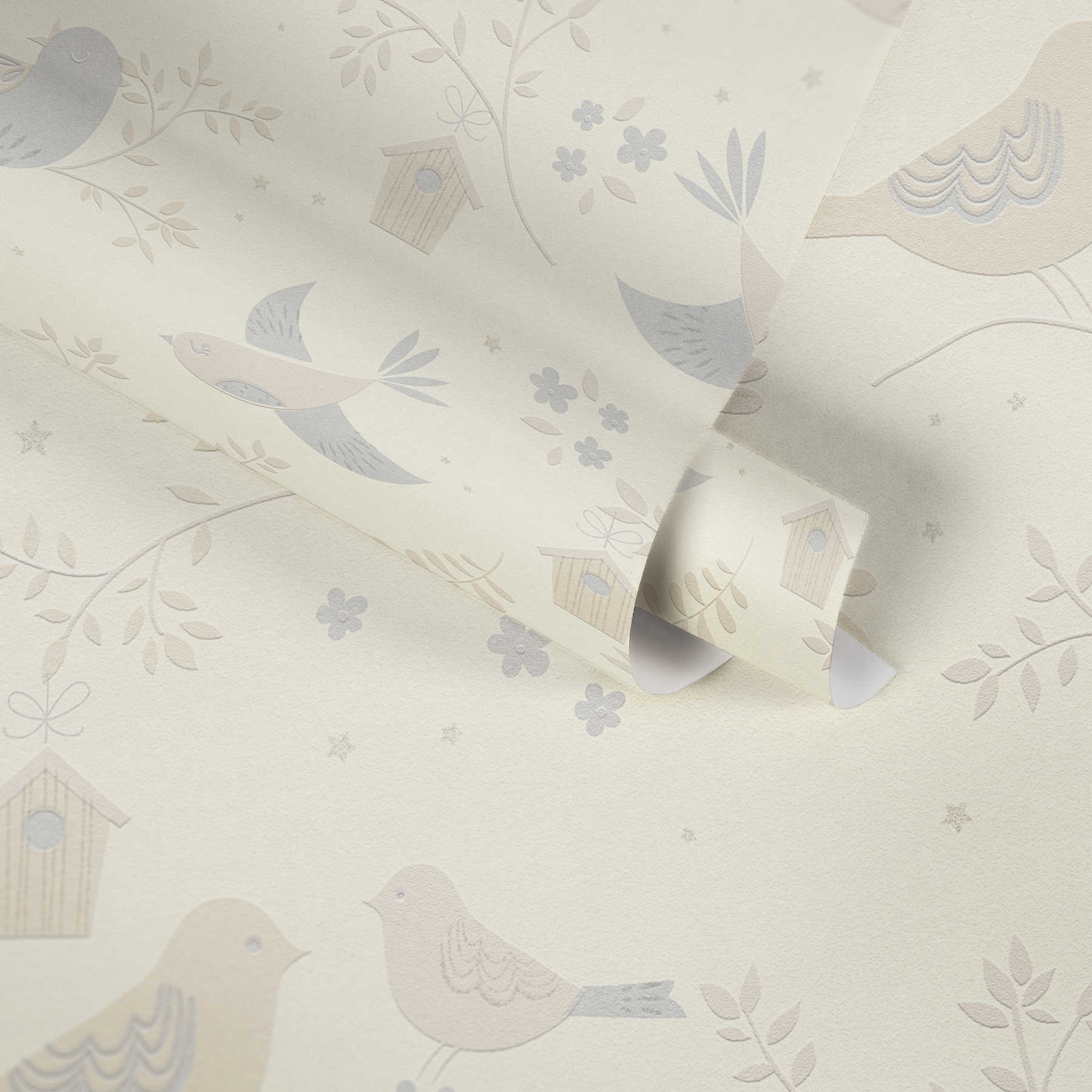             Papier peint oiseaux & fleurs pour chambre de bébé- beige, gris
        