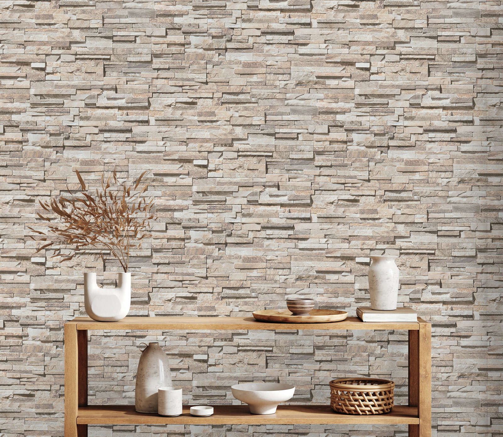             Slightly glossy non-woven wallpaper with stone wall look - beige, brown
        