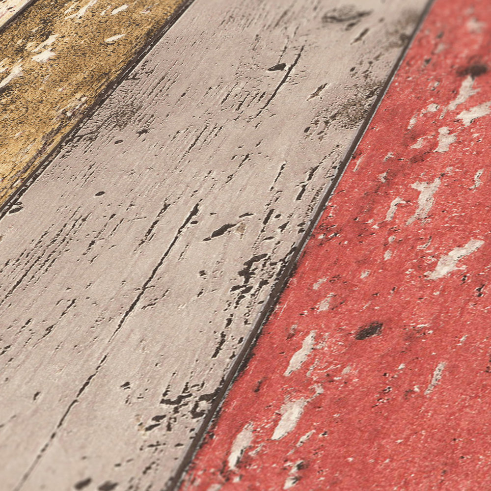             Carta da parati in tessuto non tessuto con pannelli di legno in stile shabby chic - marrone, rosso
        