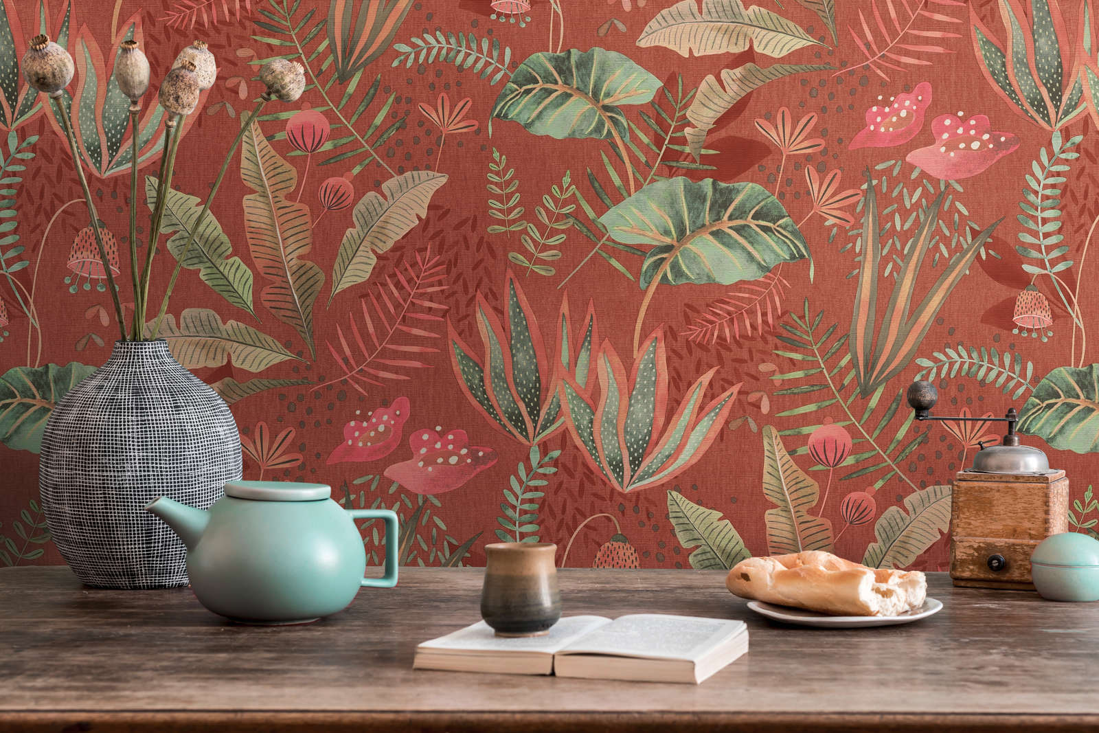             Floral wallpaper with mixed leaves slightly textured, matt - red, orange, green
        