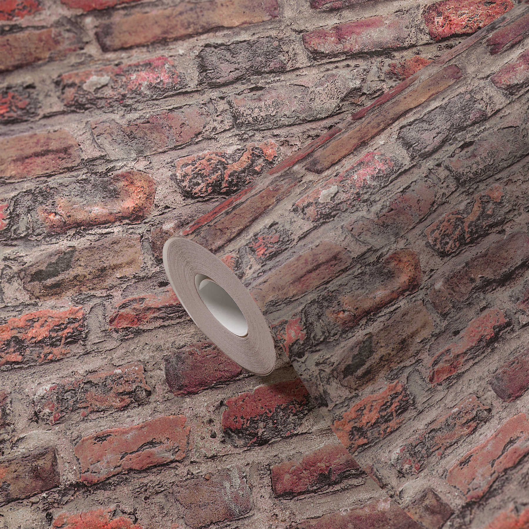            Non-woven wallpaper with brick wall design - red, brown
        