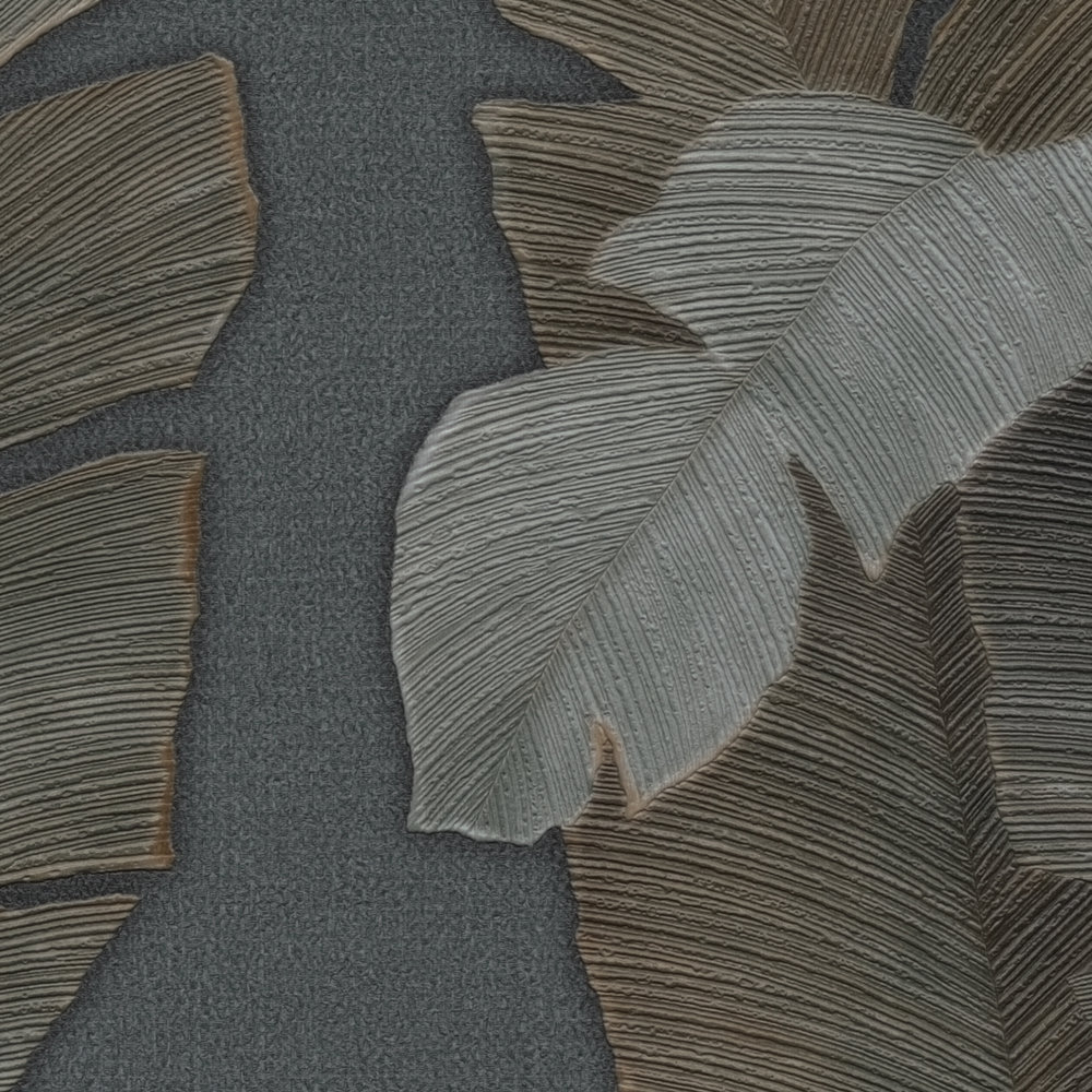             Vliesbehang met grote palmbladeren in donkere kleur - petrol, groen, bruin
        