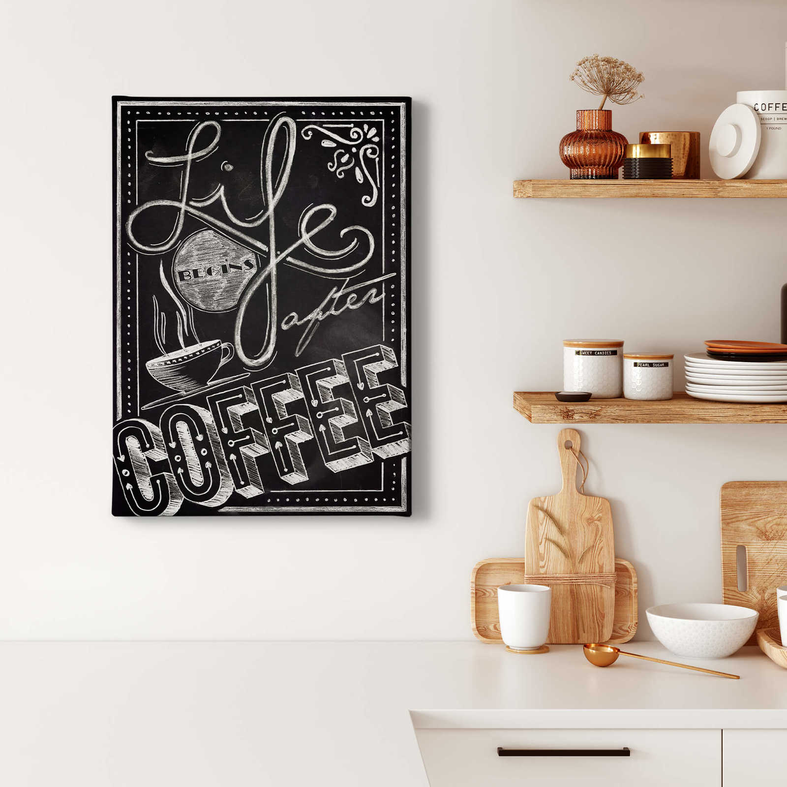             Canvas print coffeeshop sign, black and white
        