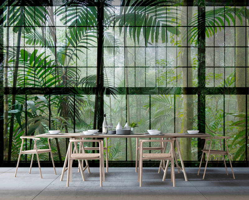             Rainforest 1 - Loft Window Wallpaper with Jungle View - Green, Black | Premium Smooth Vliesbehang
        