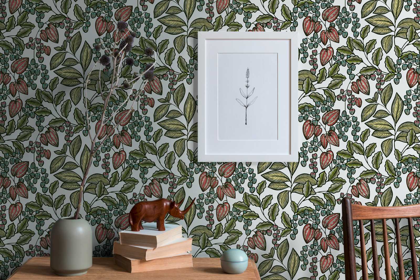             Bloemenbehang natuurontwerp Scandinavische print - veelkleurig, groen, wit
        