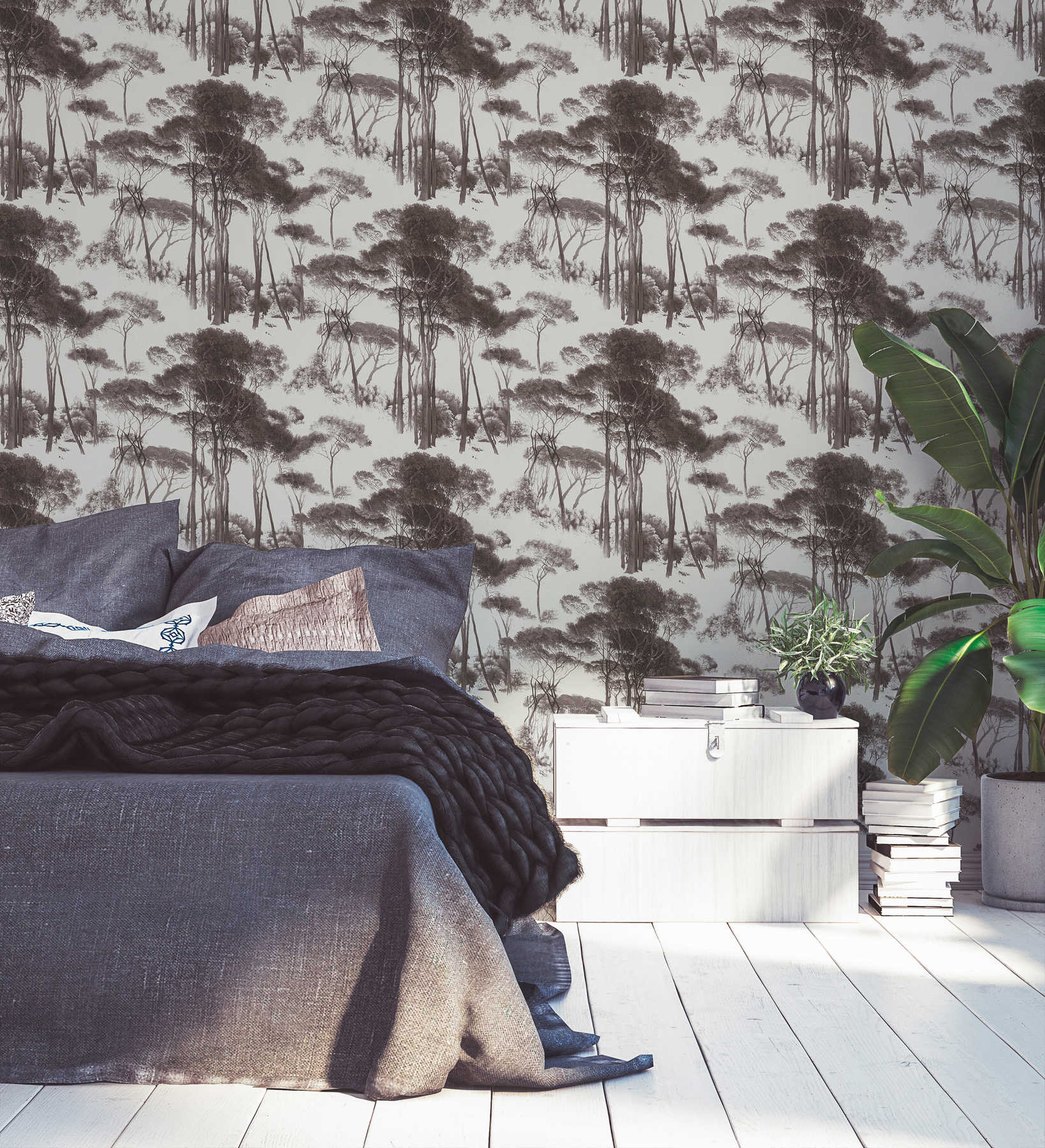             Papel pintado histórico de tejido no tejido con motivo de paisaje - negro, blanco
        