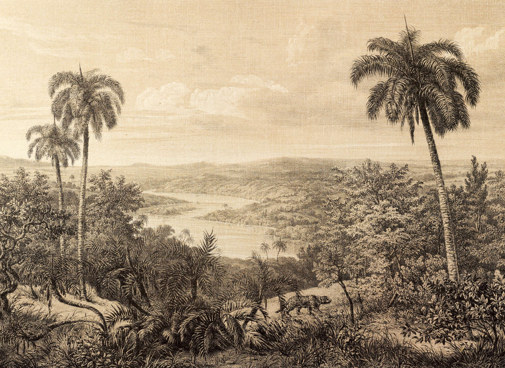             Papier peint panoramique Vue sur la forêt tropicale à l'aspect de la structure du lin - beige, noir
        