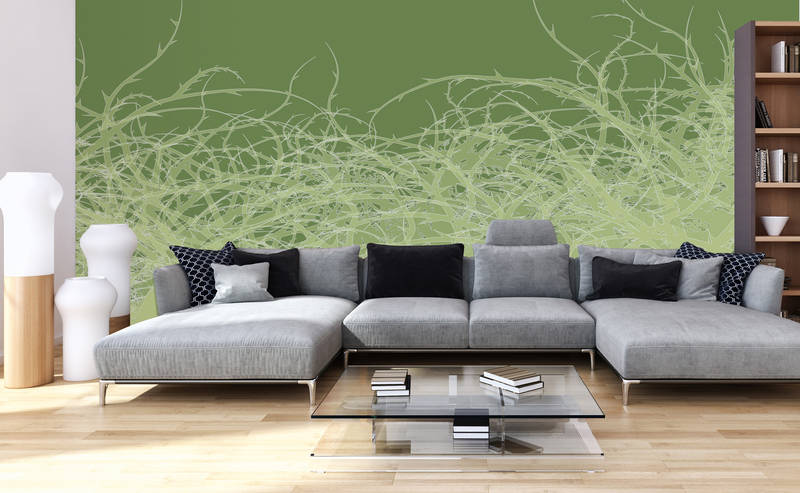             Abstract wall mural vines, minimalist style - green, white
        
