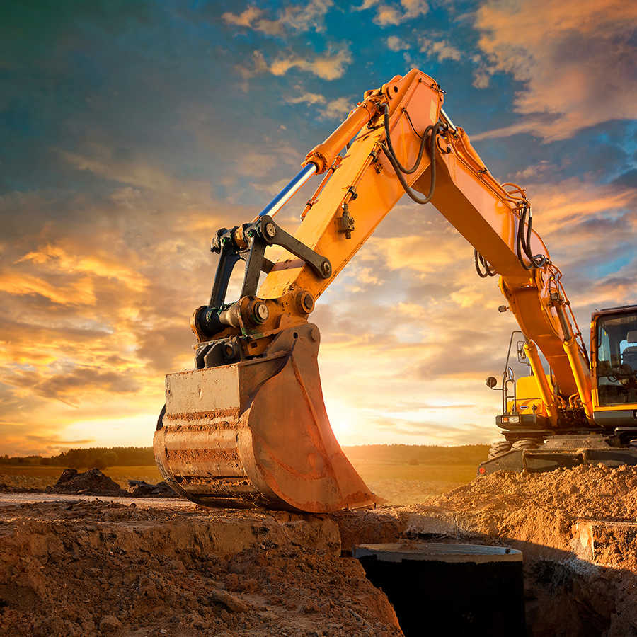 Construction sites photo wallpaper excavator at sunset on structural nonwoven
