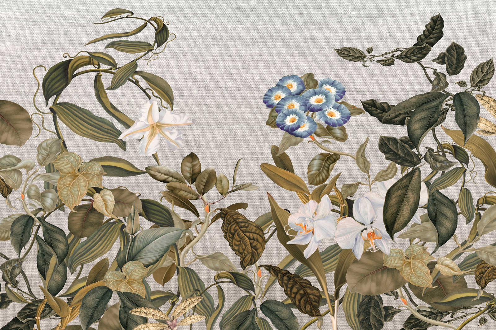             Tela dipinta in stile botanico Fiori, foglie e aspetto tessile - 1,20 m x 0,80 m
        