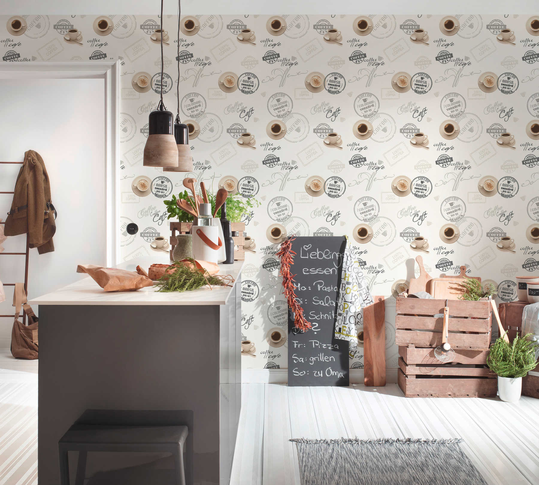             Coffee wallpaper for kitchens, retro design - cream, beige
        