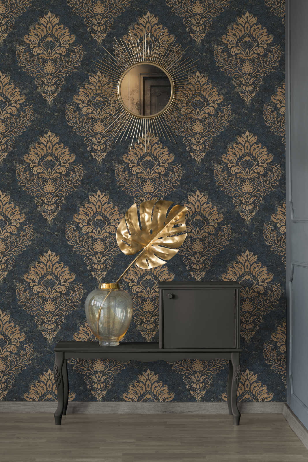             Ornamental wallpaper with floral style & gold effect - beige, blue, brown
        