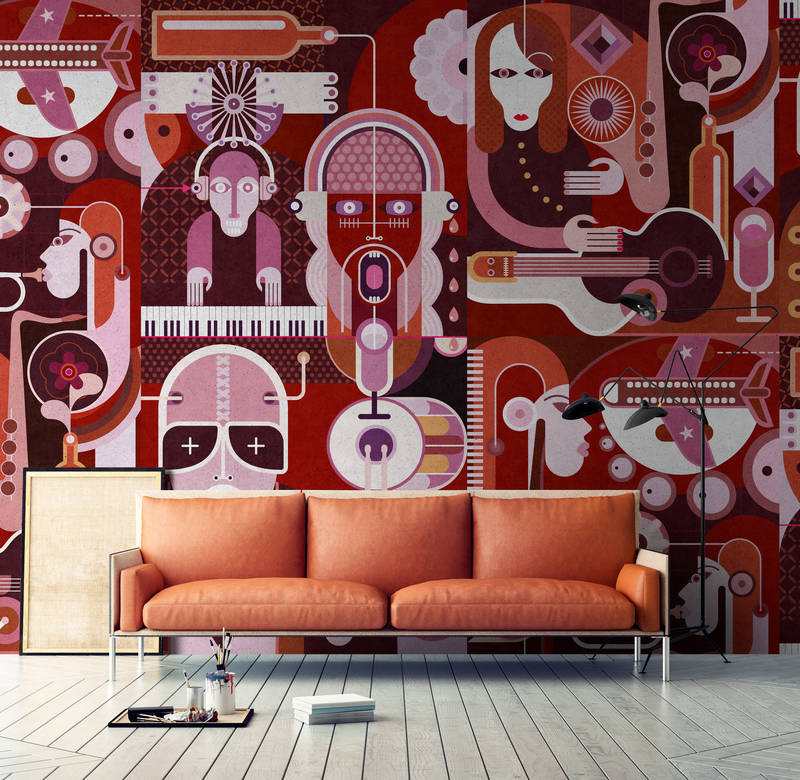             Wall of sound 2 - Papel pintado abstracto con caras en estructura de hormigón - Gris, Rosa | Tejido no tejido liso mate
        