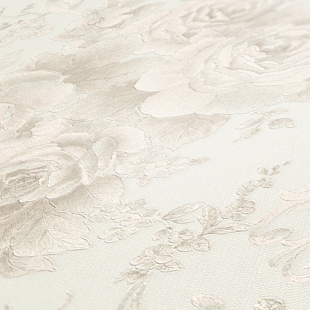             Rose petal wallpaper with metallic effect in country style - grey, bronze, white
        