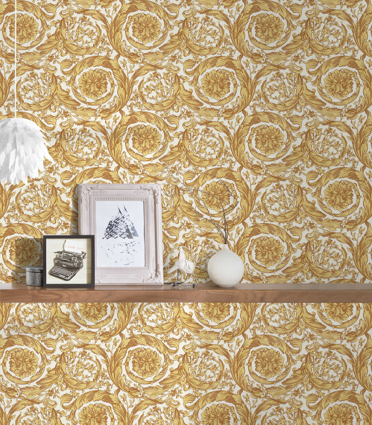             VERSACE Papier peint ornemental motif floral - or, jaune, beige
        