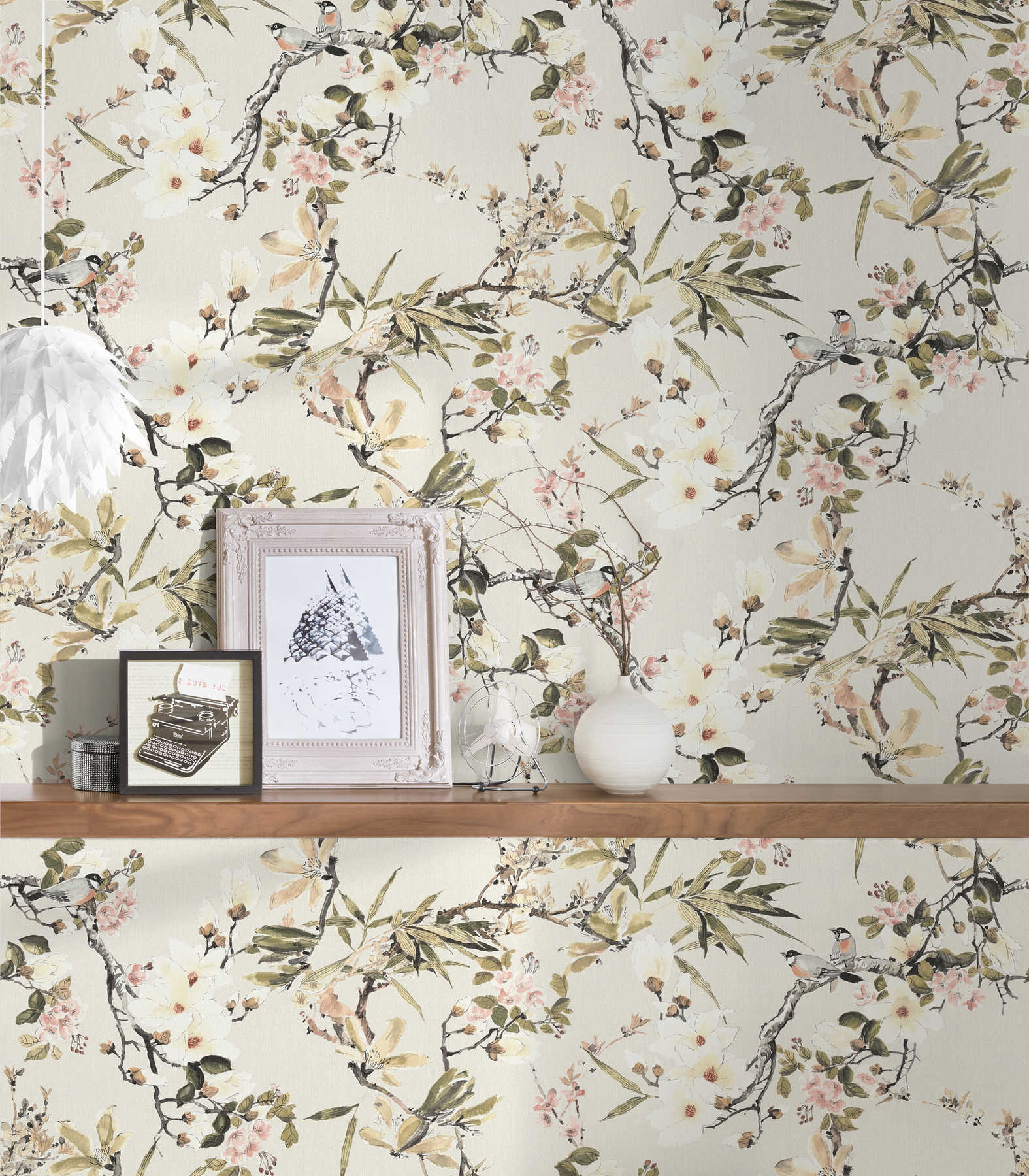             Non-woven wallpaper nature design flowers branches & birds - beige, colourful
        