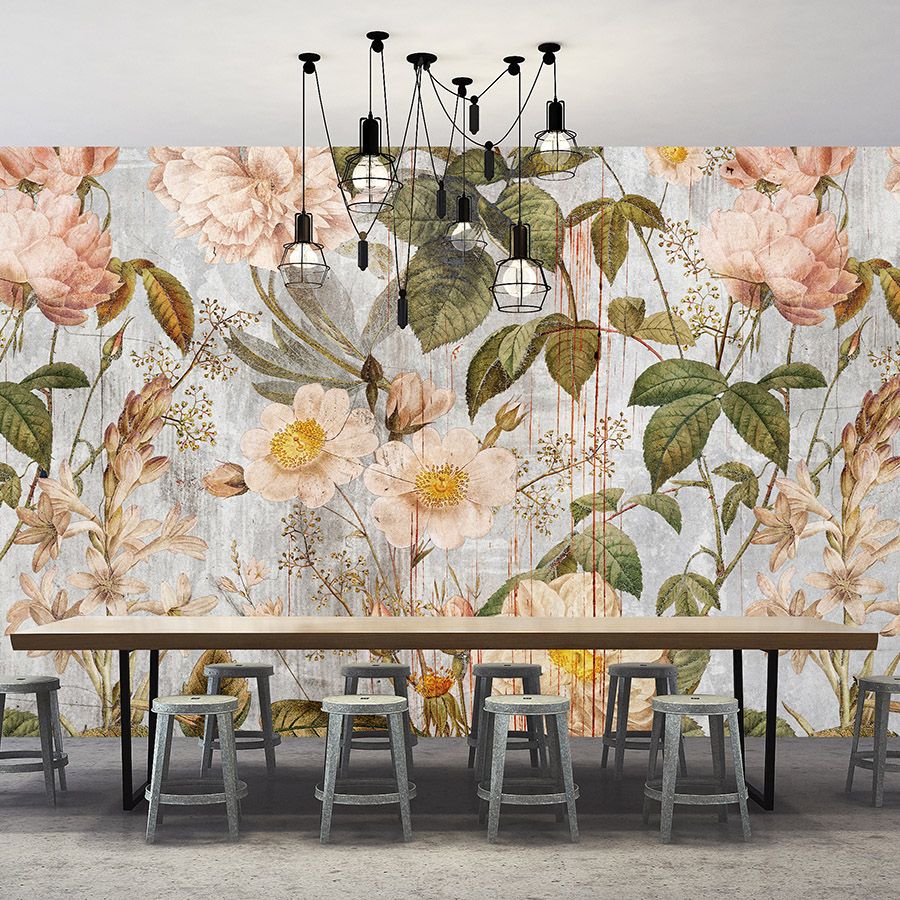 papier peint en papier panoramique »rose« - motif floral style vintage - intissé légèrement structuré

