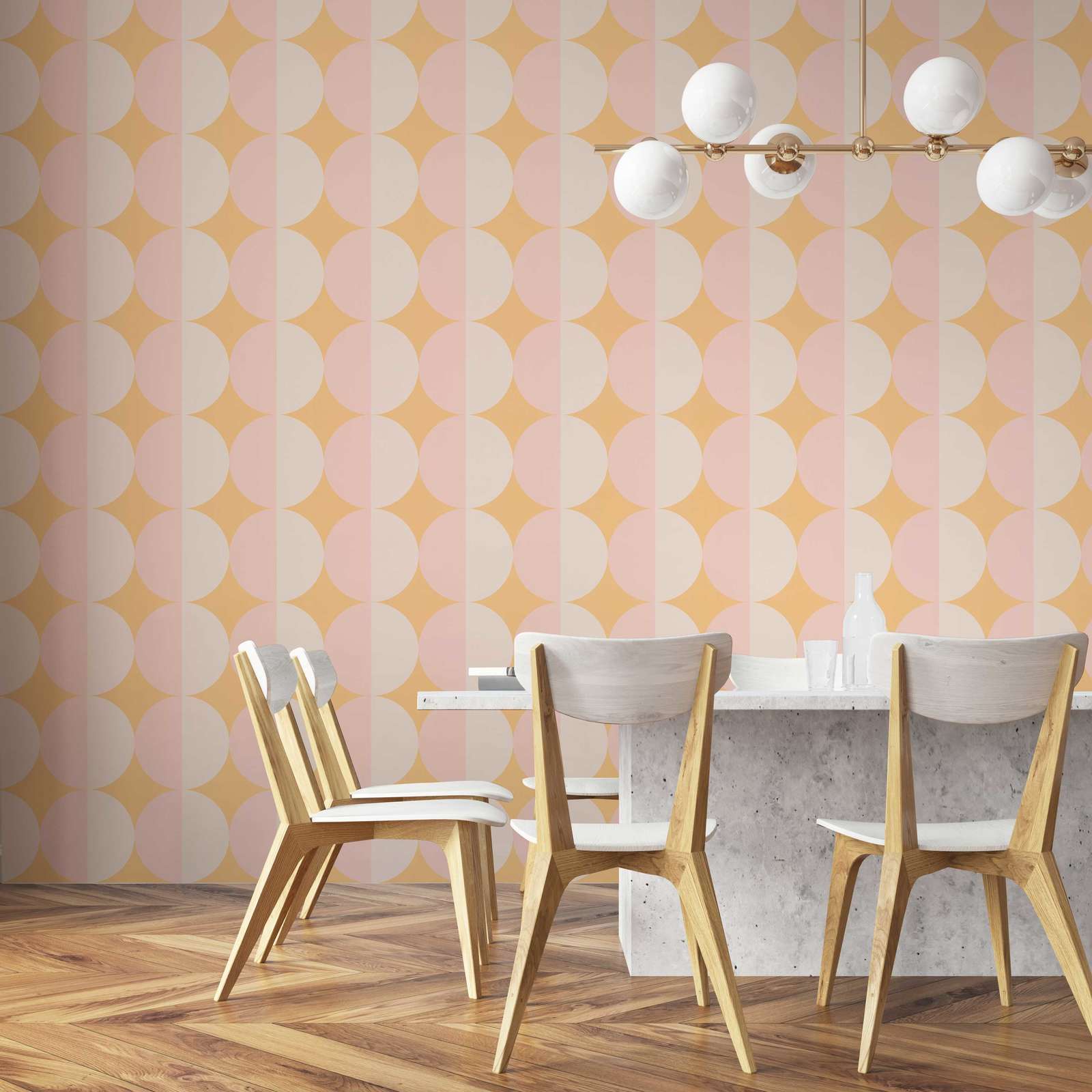             Non-woven wallpaper with circle pattern retro design - orange, beige, pink
        