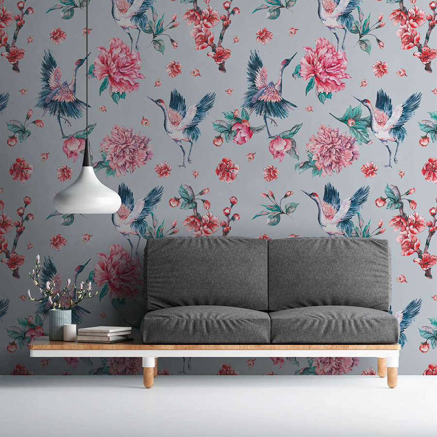 Digital behang bloemenpatroon met vogels en bladeren - roze, blauw, groen
