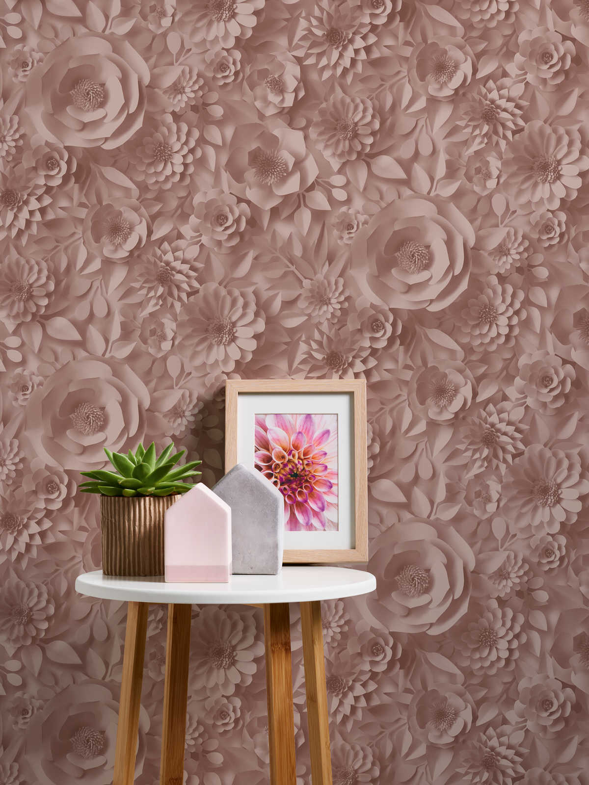             3D wallpaper with paper flowers, graphic floral pattern - pink
        