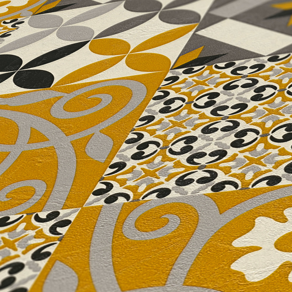             Papier peint Décor-Carreaux & motifs floraux - noir, jaune, anthracite
        