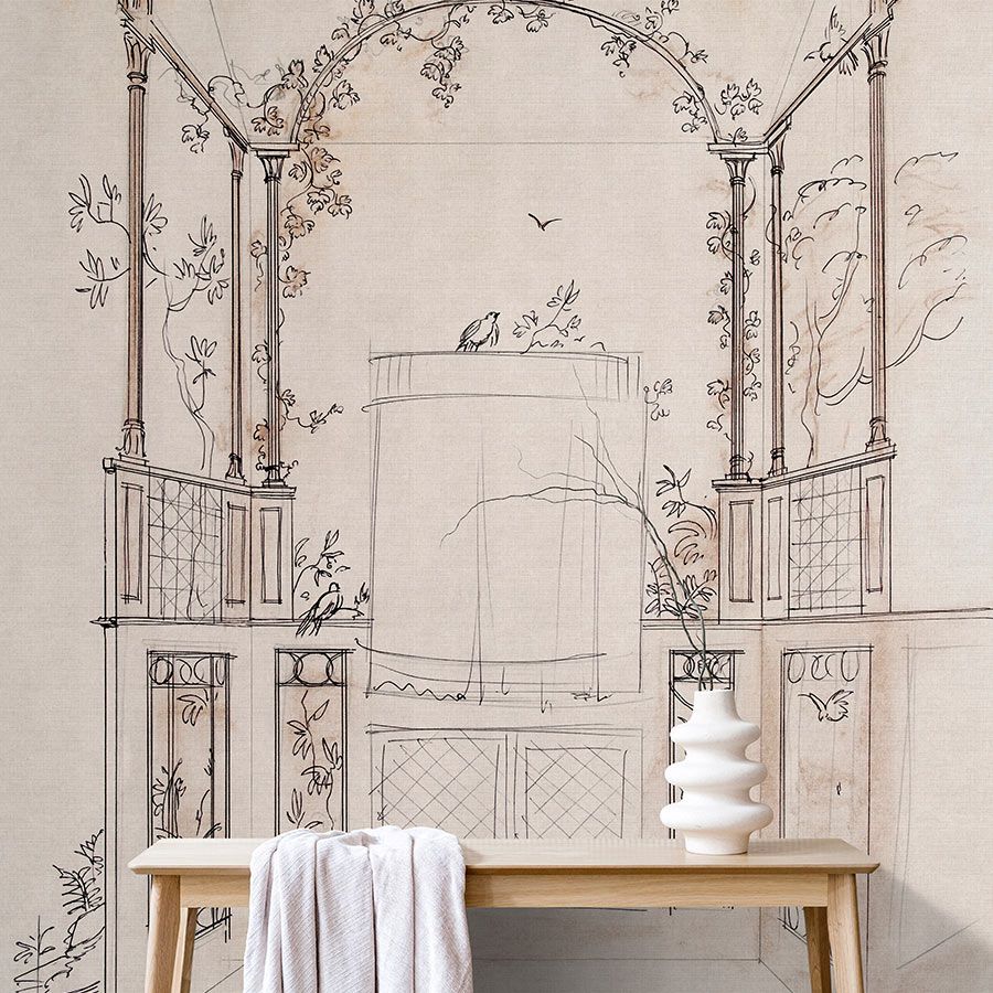 Photo wallpaper »pavilion« - Drawing style pavilion with linen texture in the background - Smooth, slightly shiny premium non-woven fabric
