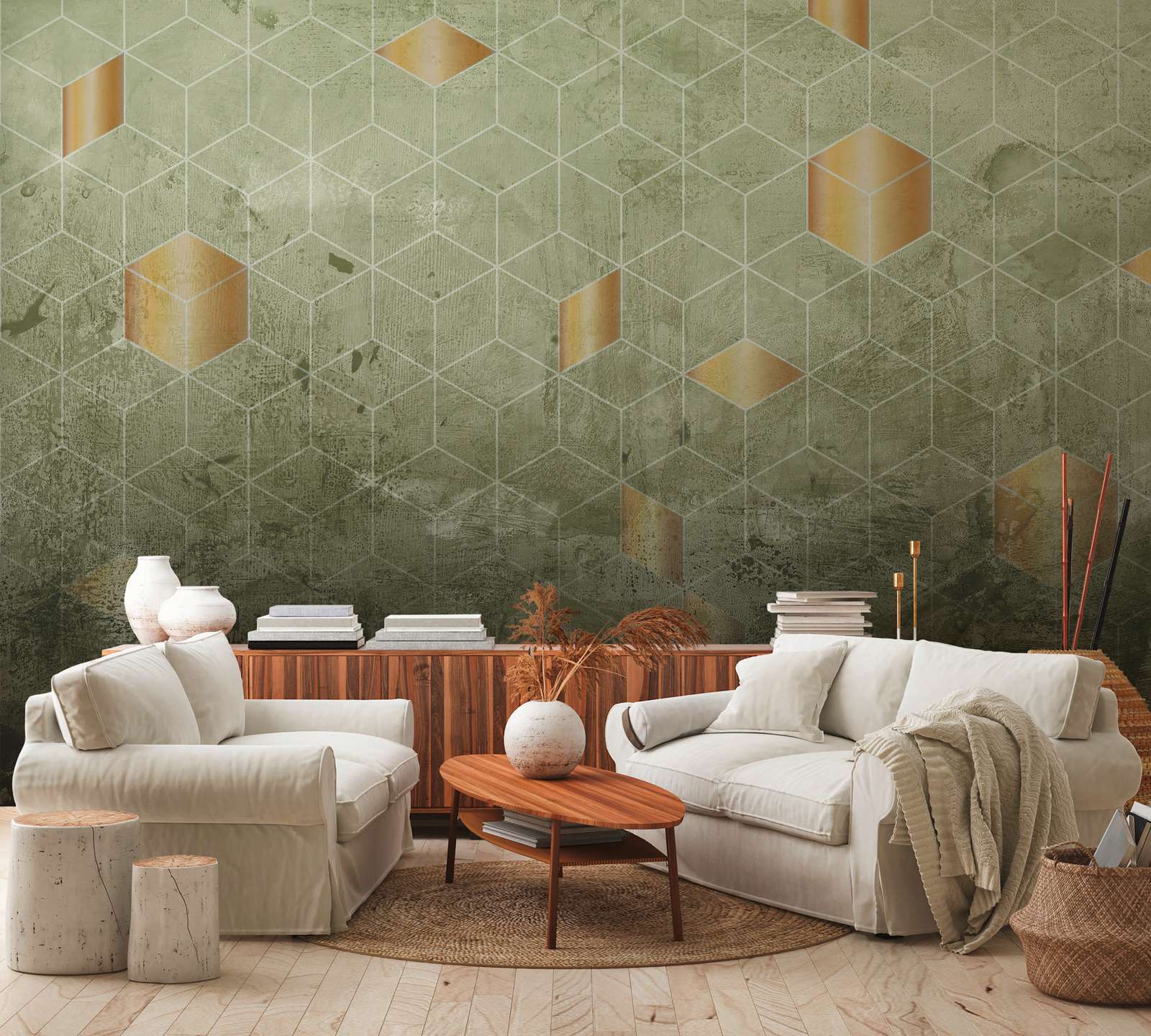             Digital behang vierkant patroon met 3D effect - groen, goud
        