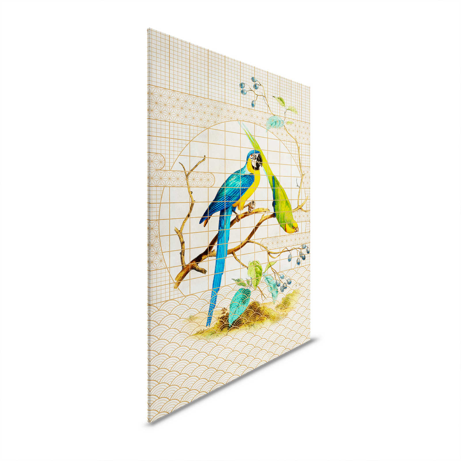 Pajarera 3 - Pintura en lienzo de estilo vintage con loros y motivos dorados - 1,20 m x 0,80 m
