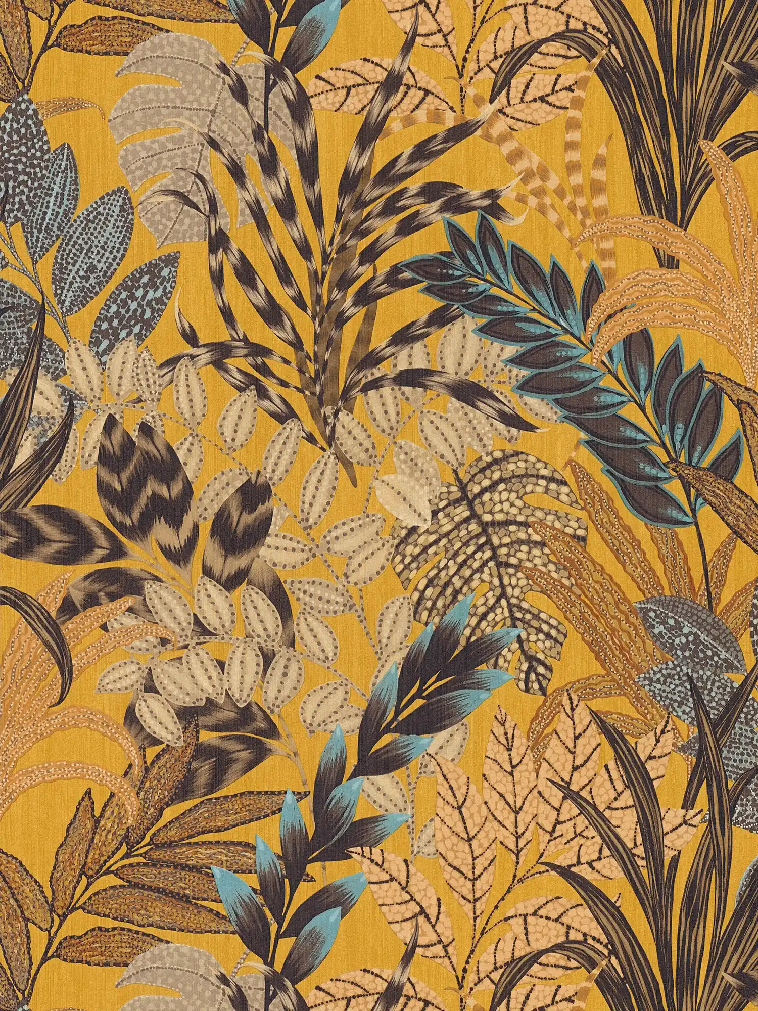 Behang met bladmotief in heldere kleuren - bruin, veelkleurig, geel

