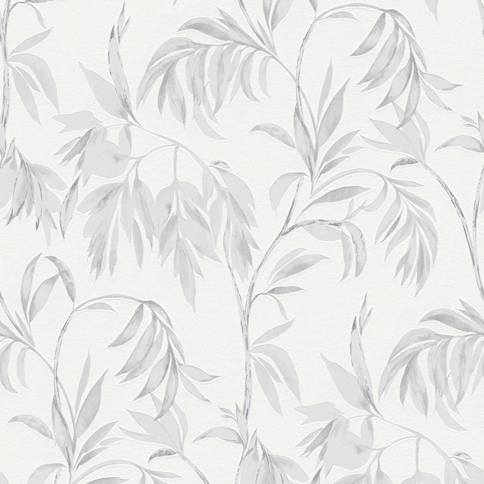carta da parati con foglie e viticci in stile acquerello - grigio, bianco
