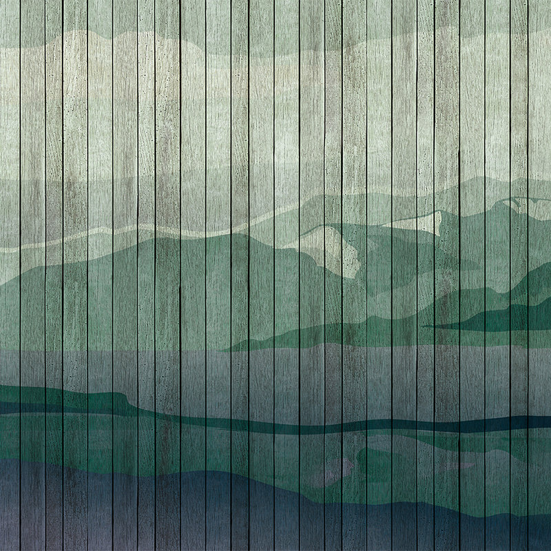 Mountains 3 - Papier peint moderne paysage de montagne & aspect planche - bleu, vert | structure intissé
