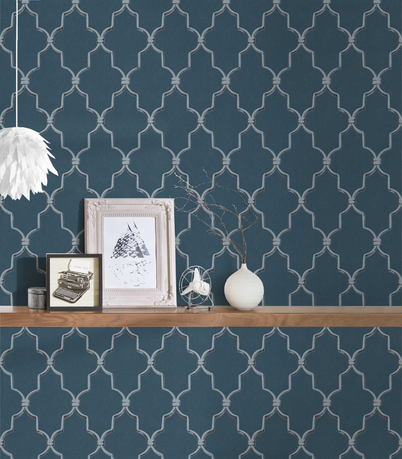             Art Deco wallpaper 3D pattern & metallic effect - blue, grey
        