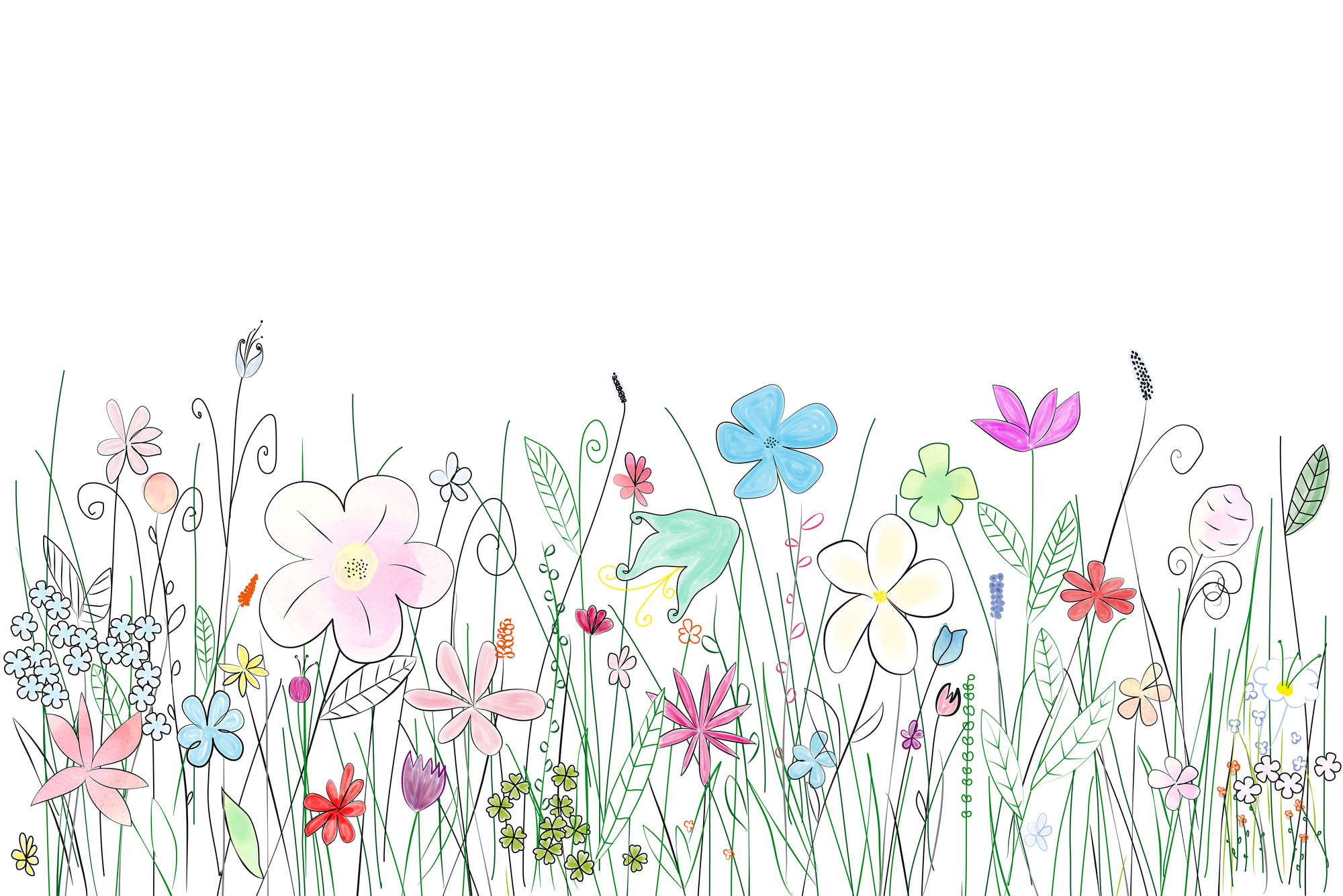             Children mural with colourful drawn flowers on matte smooth non-woven
        