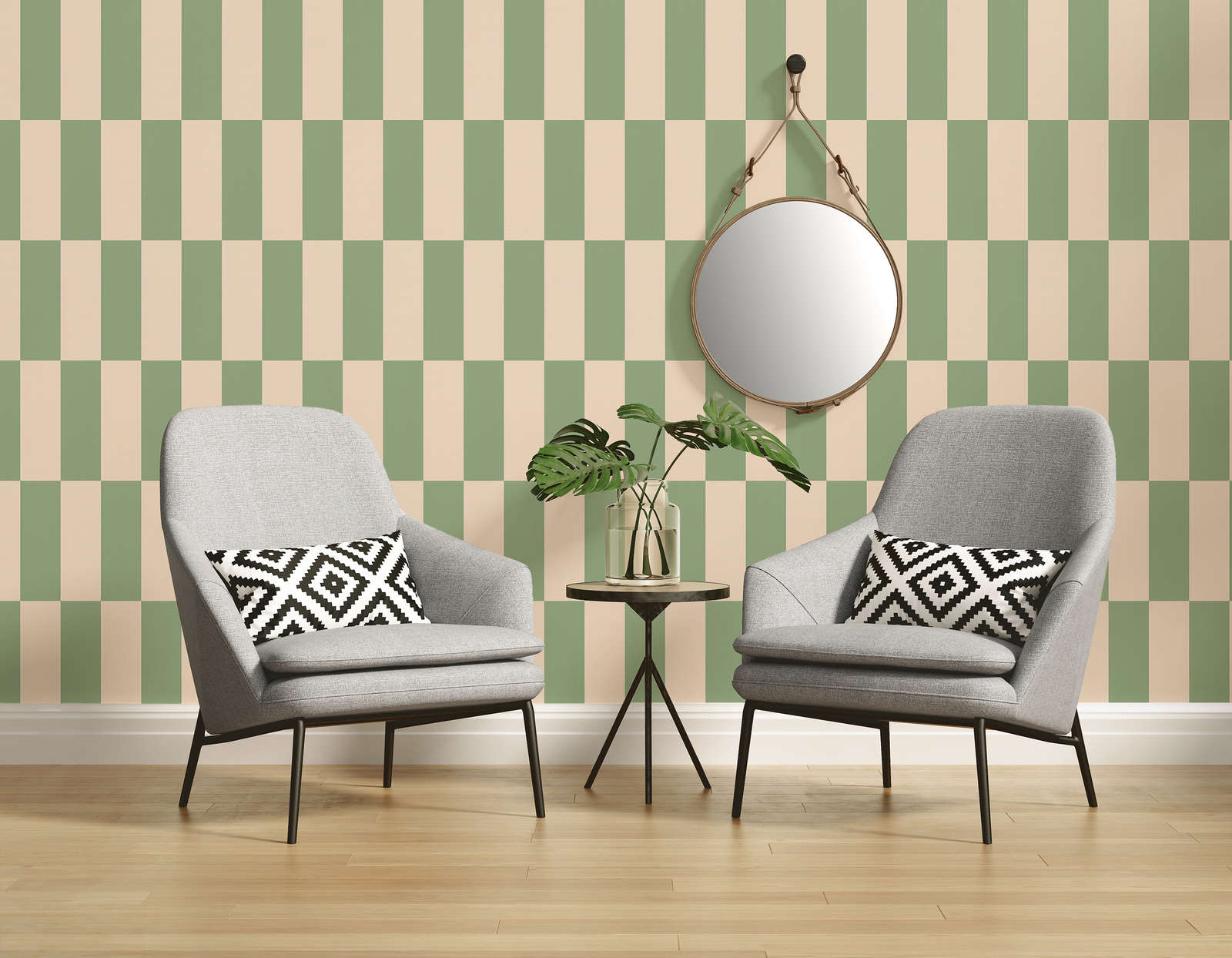             Non-woven wallpaper graphic squares two-tone - beige, green
        