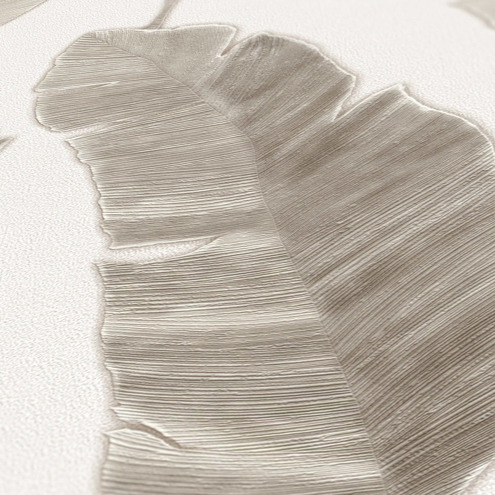             Carta da parati in tessuto non tessuto con sottili foglie di palma - bianco, beige, grigio
        