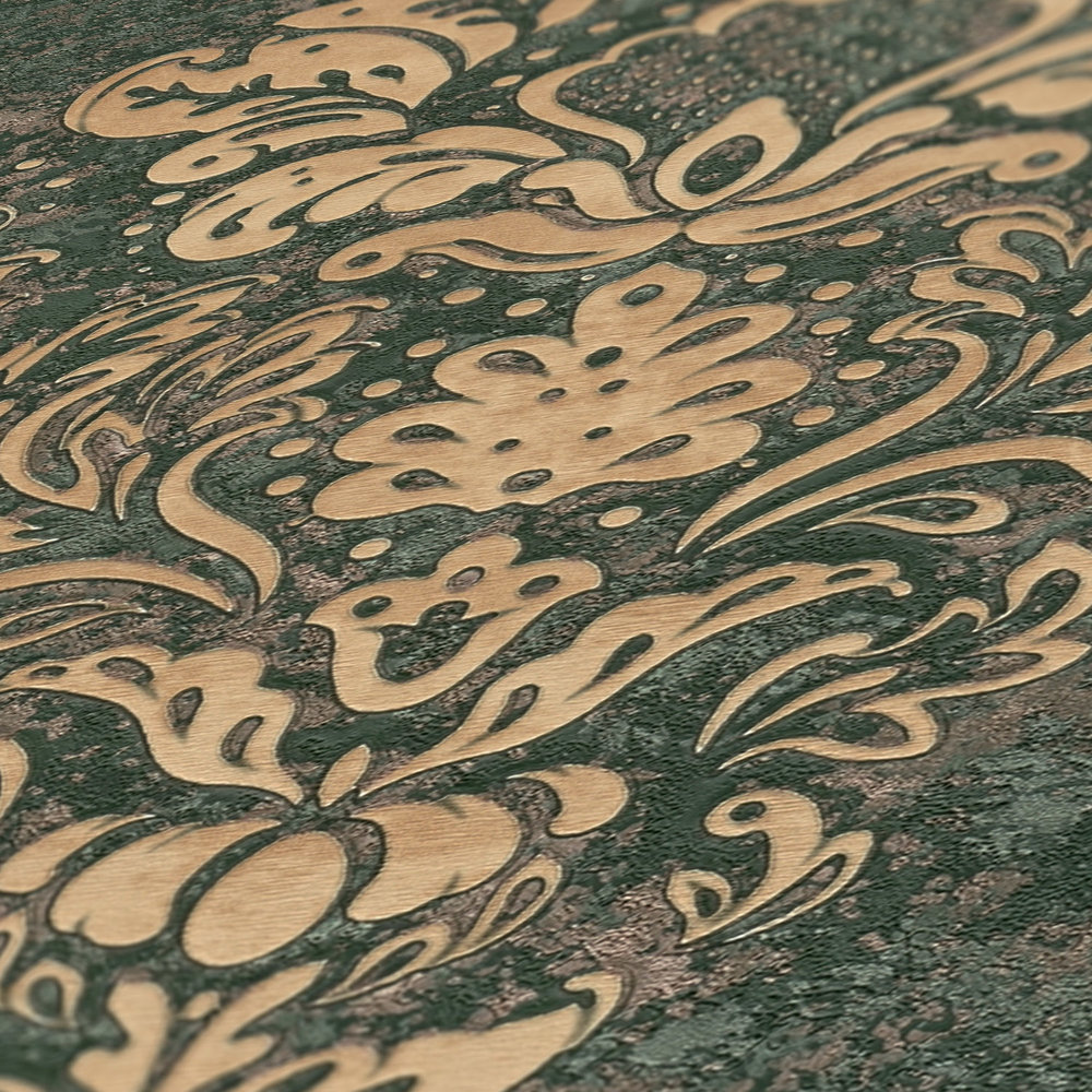             Ornamental wallpaper with floral style & gold effect - beige, brown, green
        