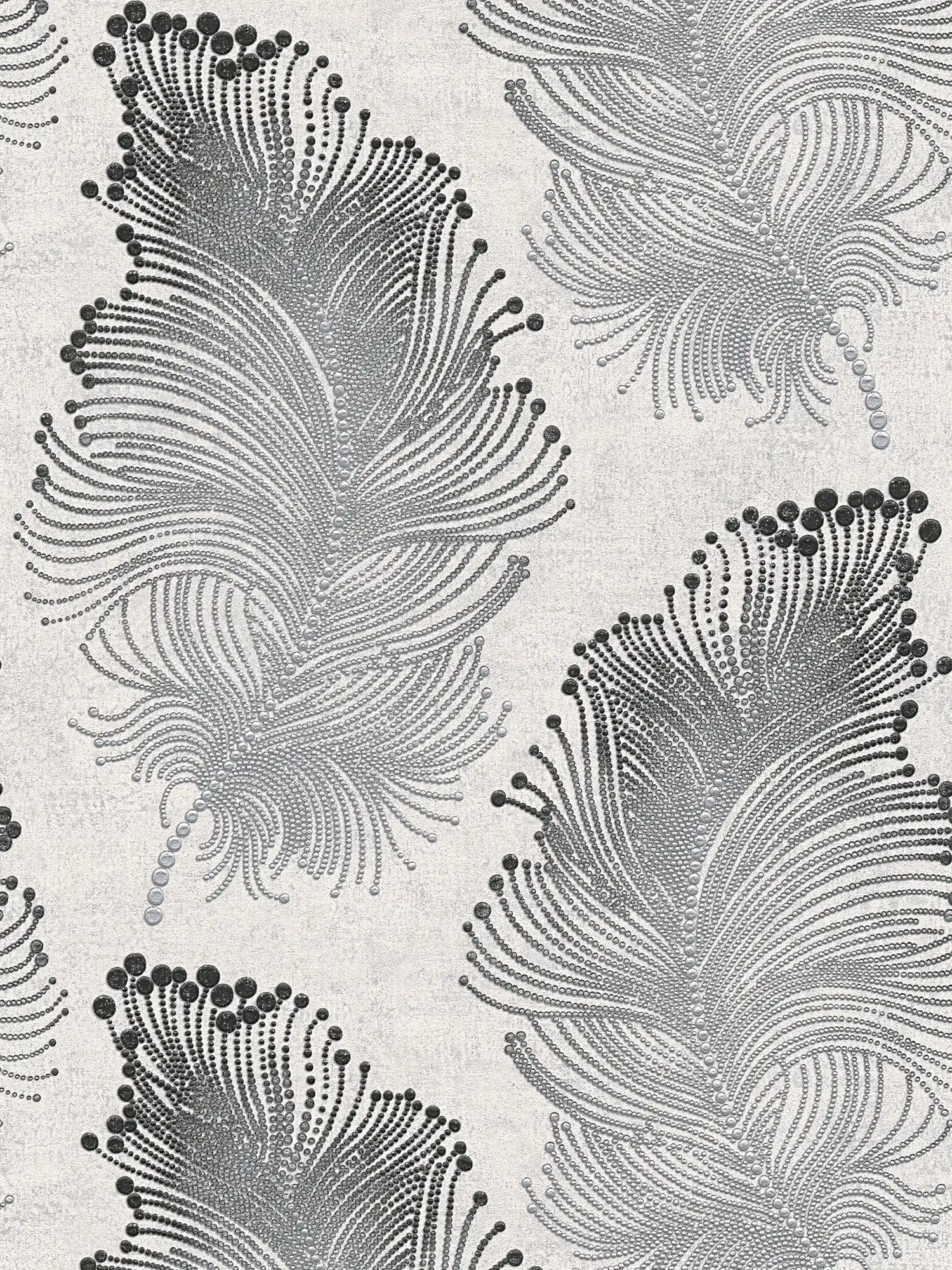 Metallic wallpaper with feather motif in boho style - metallic, white
