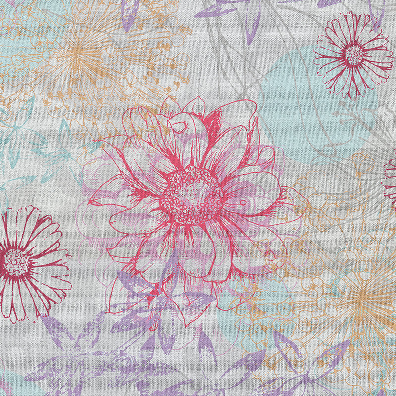         Colorful photo wallpaper with textile look & flowers - pink, blue, white
    