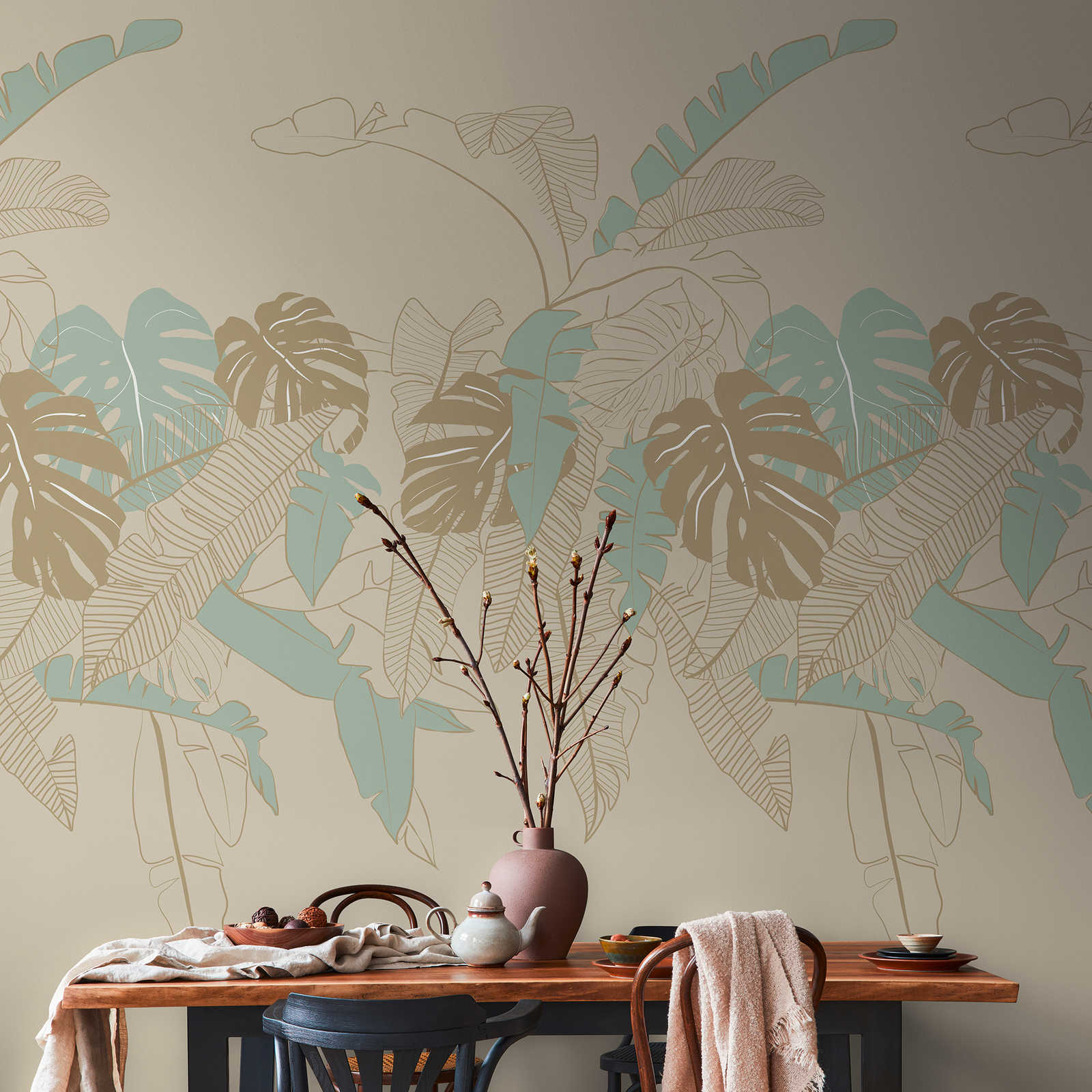 Non-woven wallpaper with jungle look - beige, green, brown
