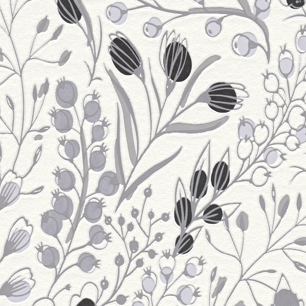             Papier peint abstrait floral style dessin mat - gris, blanc, noir
        