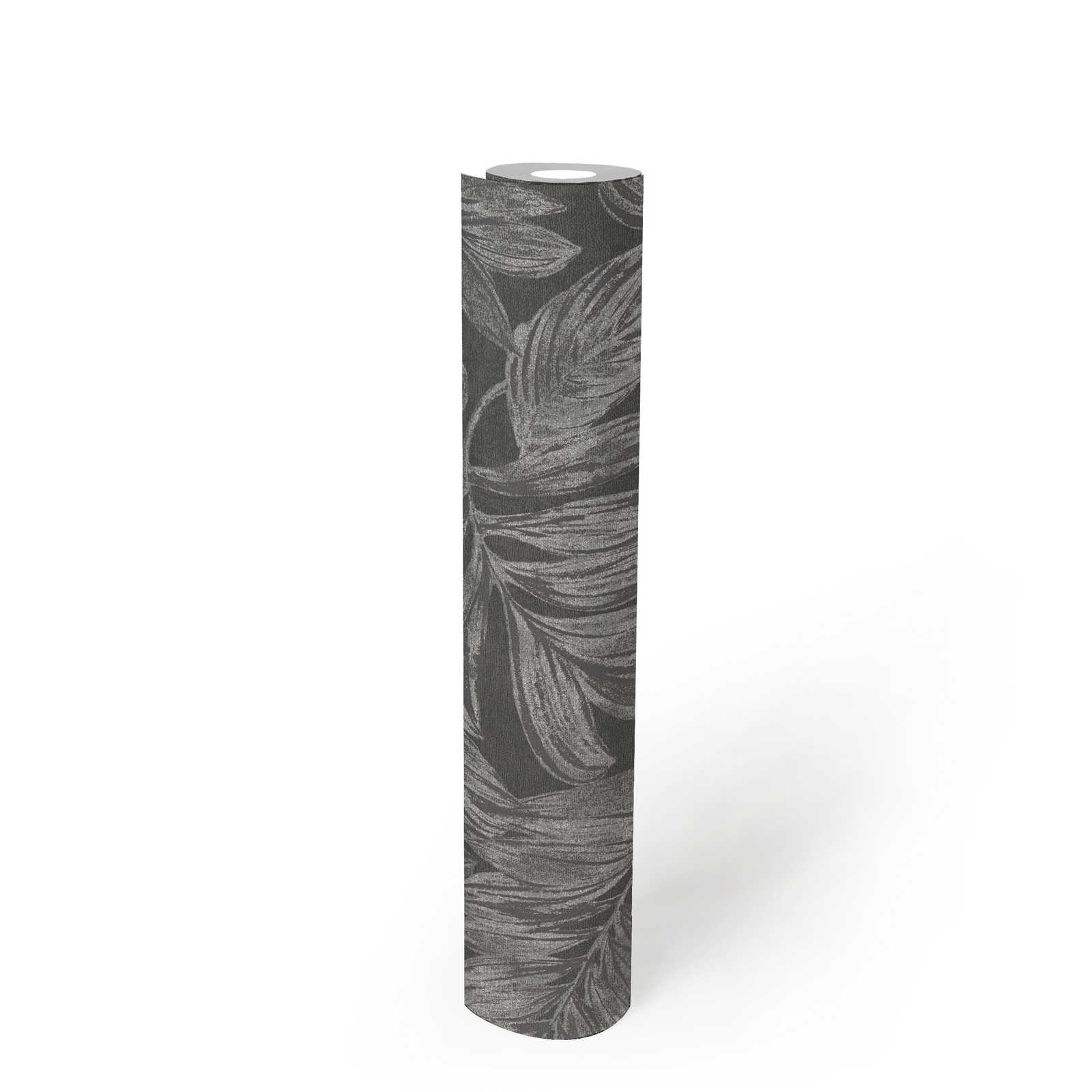             Floral non-woven wallpaper with jungle pattern - anthracite, grey, silver
        