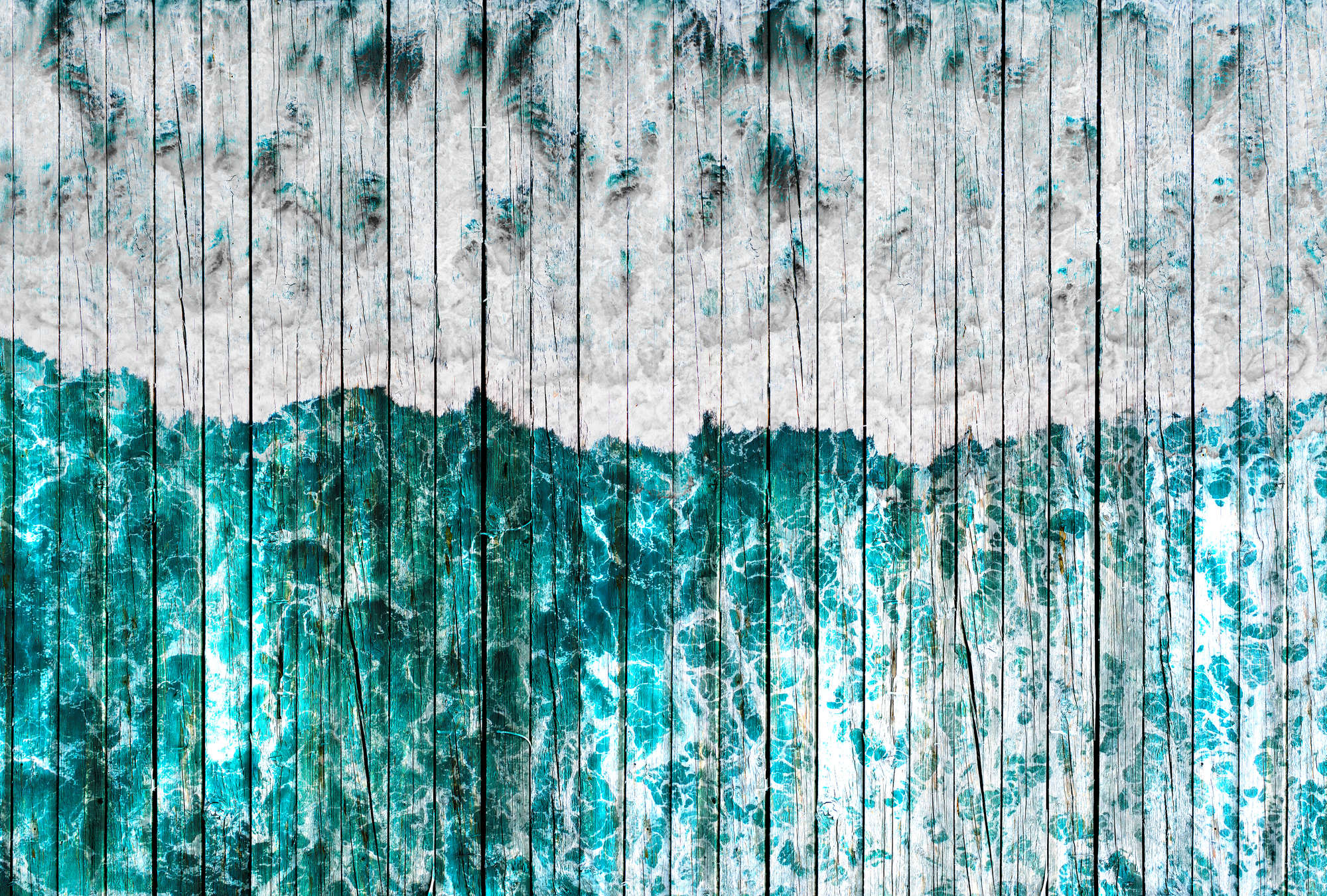             Fotobehang houtlook met used look voor jeugdkamer - blauw, wit, grijs
        
