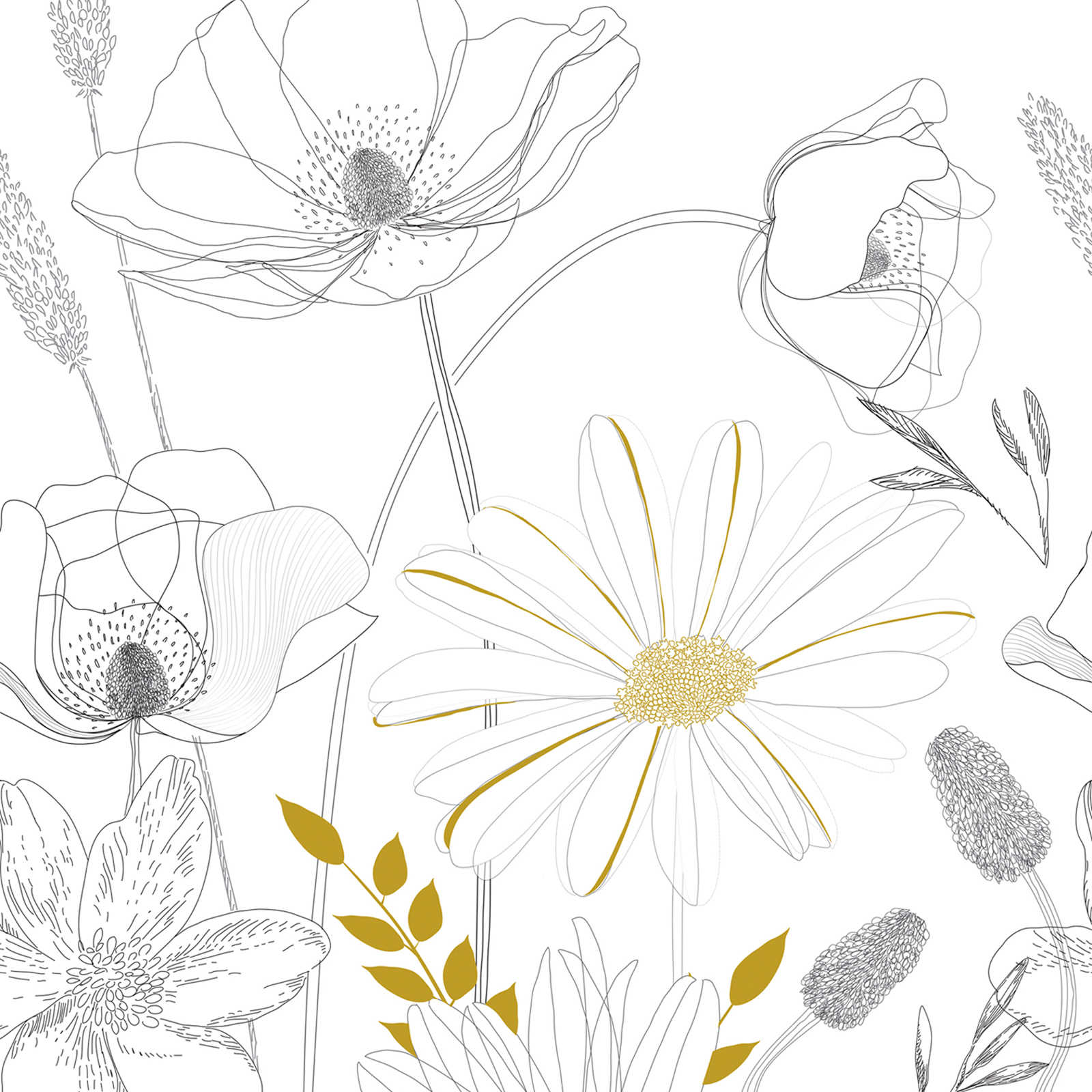 Drawn Floral Motif Wallpaper with Colour Accents - White, Black, Yellow
