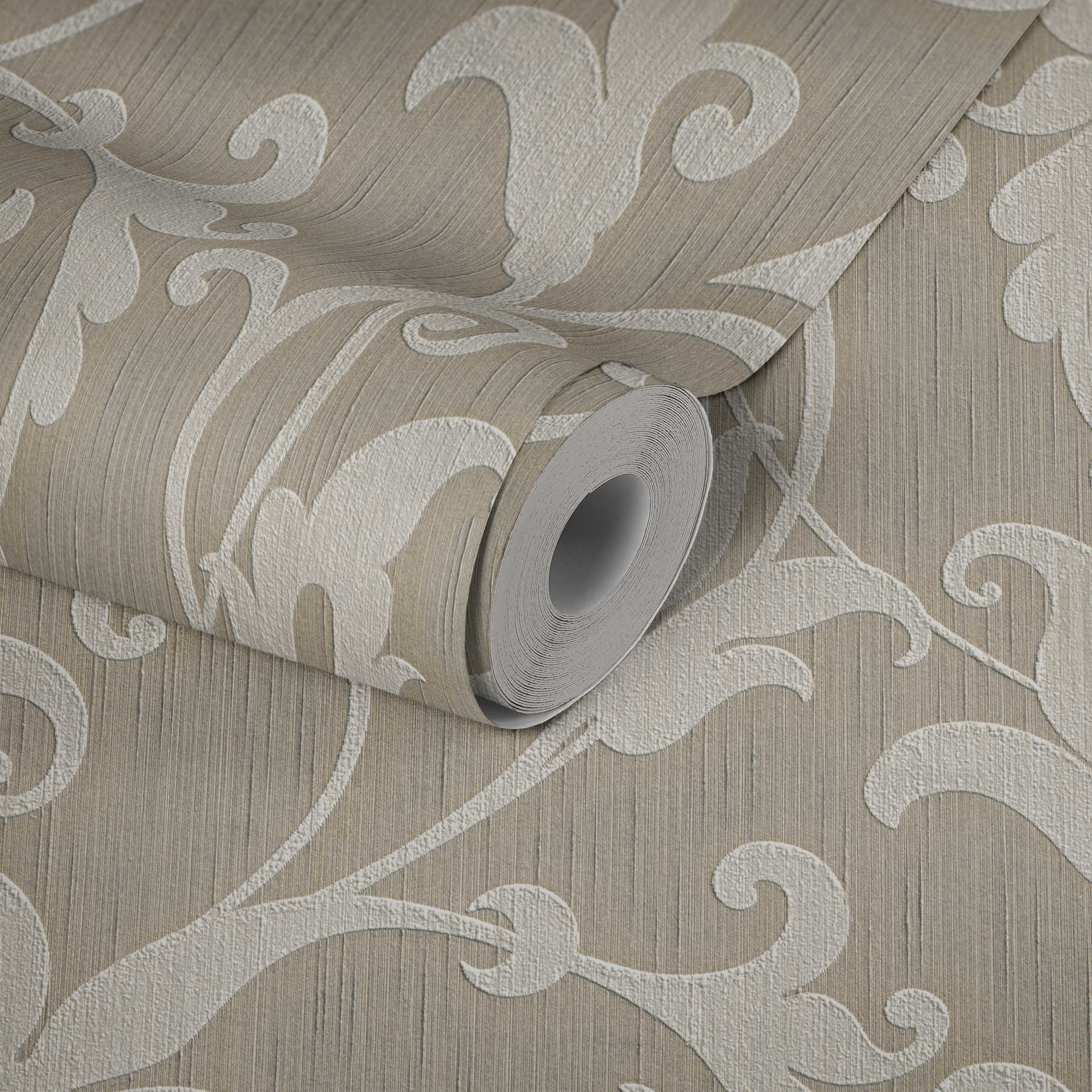             Textile wallpaper embossed with ornaments - beige, silver
        