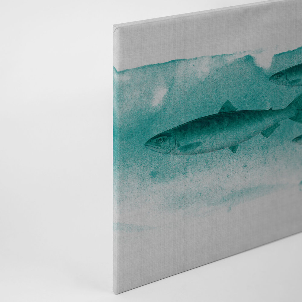             Into the blue 2 - Acuarela de peces en verde como cuadro de lienzo - estructura de lino natural - 0,90 m x 0,60 m
        