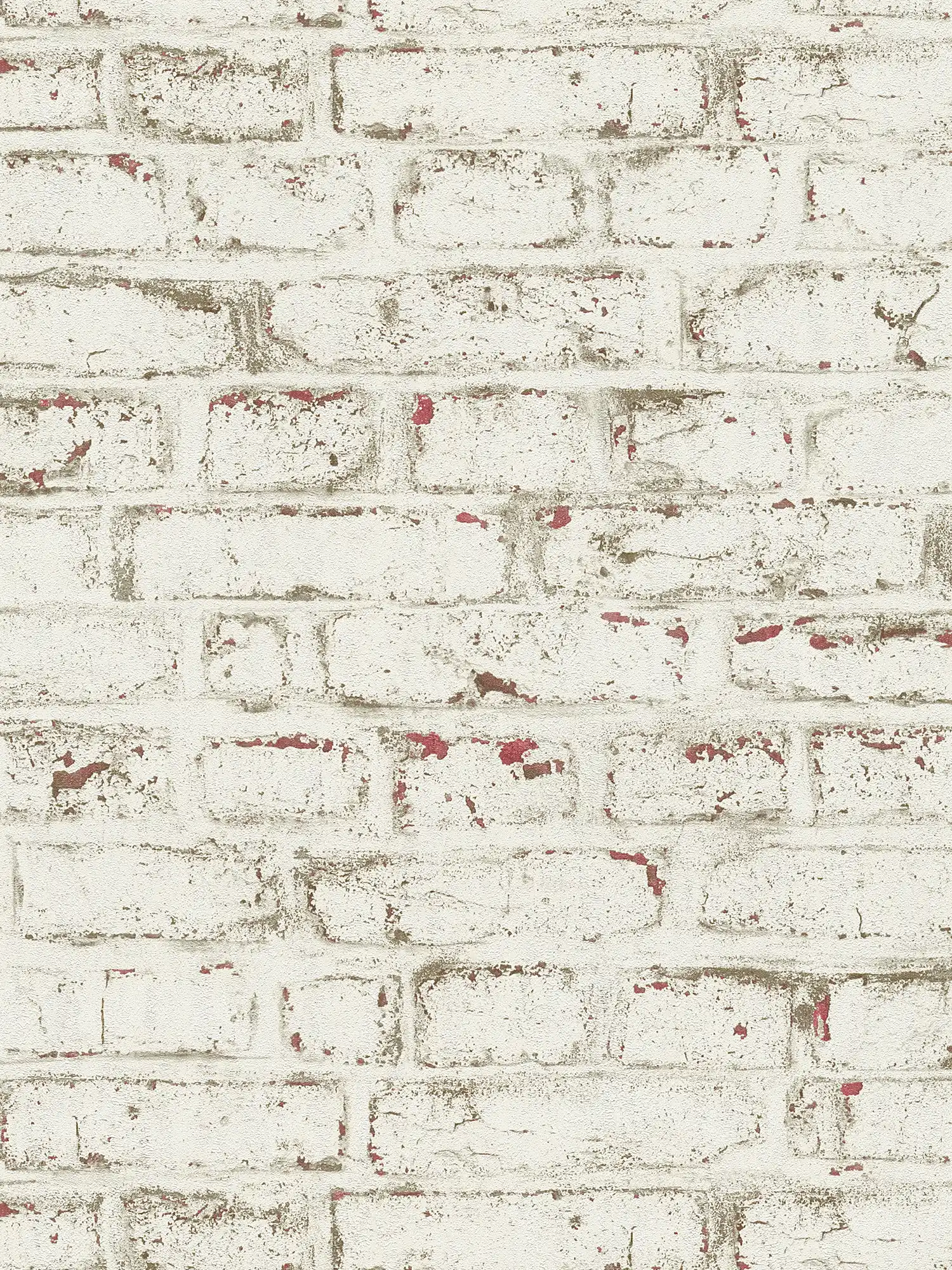 Papel pintado con aspecto de piedra y ladrillo blanco de aspecto vintage - blanco, rojo, beige
