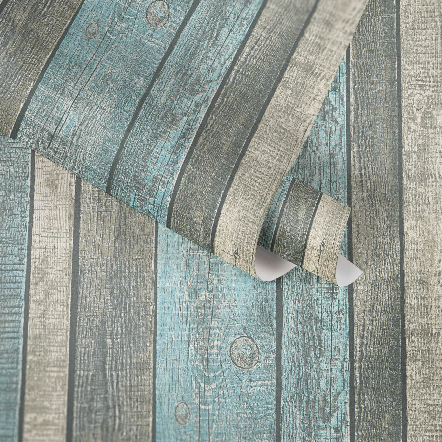             Wood look wallpaper with boards & rustic grain - blue, grey, cream
        